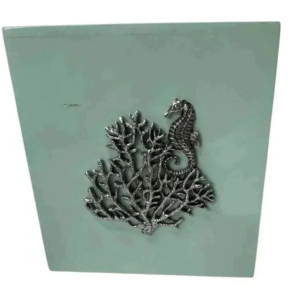 Coastal Coral/Seahorse Tissue Box Cover & Seashell Toothbrush Cup Aqua